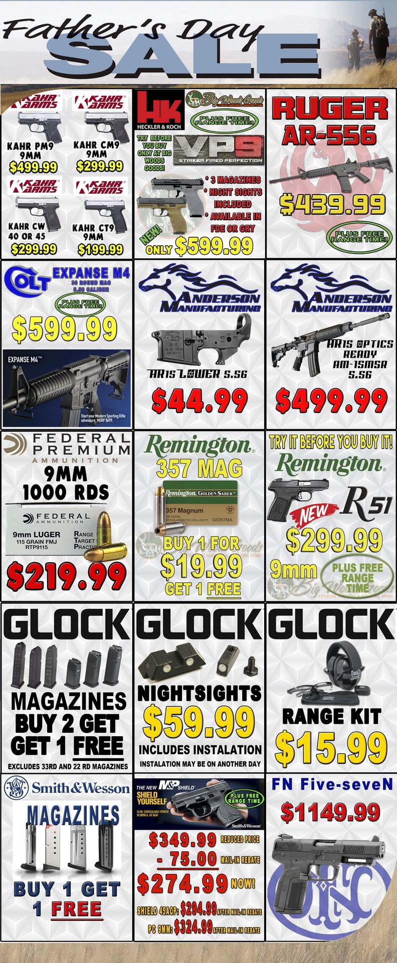 Fathers Day Specials on selected Kahr, HK, Ruger, Colt, Anderson Manufacturing, Glock, FN, Smith and Wesson products, and 9mm Federal and .357 magnum Remington ammunition